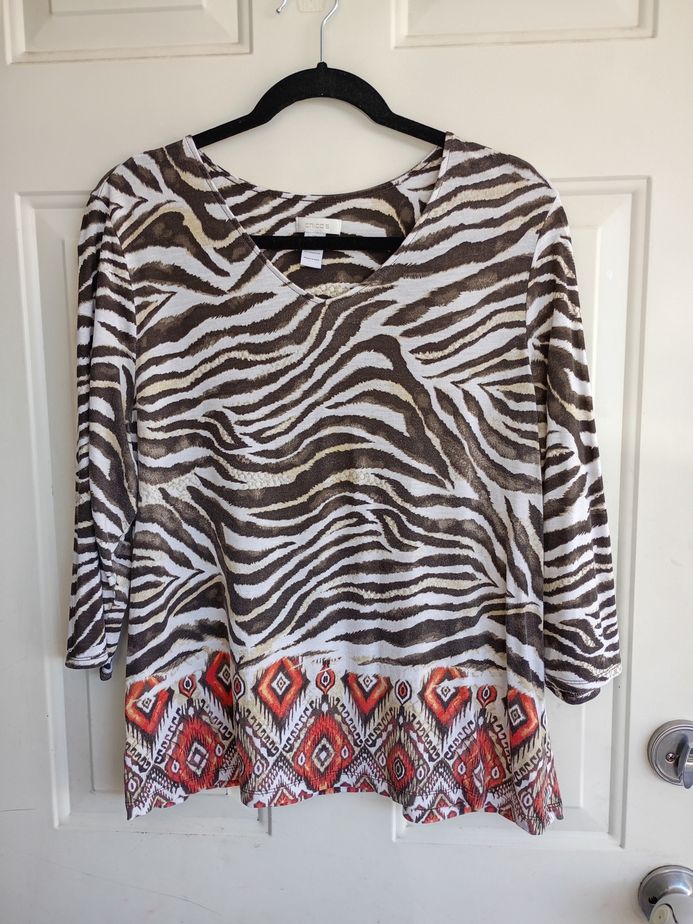 Chico's Brown and White Zebra Print V-Neck Rayon Tunic with Tribal Hem Size 3